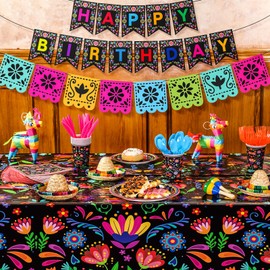 Domensi 144 Pcs Mexican Birthday Party Decoration for 20 Guests Includes Cinco De Mayo Mandala Flower Paper Plates and Napkins, Cups, Banners, Tablecloth, Cutlery for Fiesta Taco Party Supplies