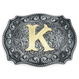 HUABOLA CALYN Western Belt Buckle Initial Letters ABCDEFG to Y-Cowboy Rodeo Silver Large Belt Buckle for Men and Women (K) Upgrade