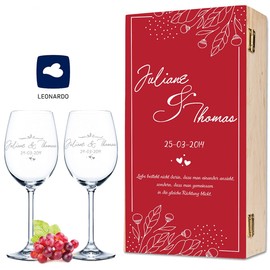 GRAVURZEILE Leonardo Weingläser - Red Flowers Design - graviert mit Namen & Datum - inkl. Vintage Holzkiste - Geschenk zur Hochzeit, Verlobung & Jahrestag - ein perfektes Hochzeitsgeschenk