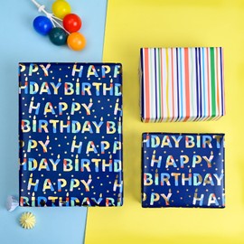 Flyhill Reversible Birthday Wrapping Paper-Metallic Foil Colorful Birthday Lettering & Stripe&Shiny Star Design for Christmas, Birthday,Baby Shower-17 Inches X 33 Feet(46.8sq. ft.)
