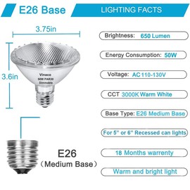 Vinaco PAR30 Halogen Bulb 50W 120V E26 Base, 6 Pack PAR30 Short Neck Halogen Long Lifespan，50W PAR 30 Dimmable 3000k Warm White，High Out PAR 30 Flood Light Instead for Flood Light Bulb Outdoor.…