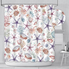 AIBIIN Ocean Coral Shower Curtain Beach Marine Animal Starfish Conch Coral Coastal Bathroom Curtains Durable Polyester Material with 12 Hooks 180x180cm