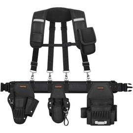 rubertyle Professional Tool Belts with Detachable Suspenders(Red & Black, Adjustable 32"-42" (Tool Belt with Shoulder Harness & Three Pouches)