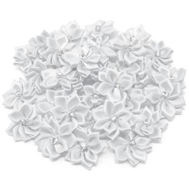 White 25mm Satin Ribbon Flowers with Rhinestone Diamante Centre, Craft Flowers (50)