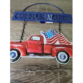 Unbranded PATRIOTIC METAL RED PICKUP TRUCK W/ USA FLAG GOD BLESS AMERICA SIGN WALL DOOR