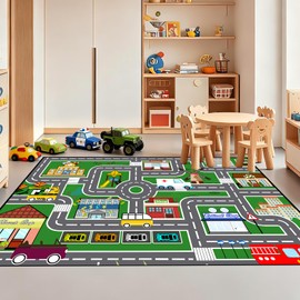 Car Rugs for Kids Toy, Green Car Traffic Road Play Mat Carpets for Kids Room Bedroom Playroom Nursery Room Decor, 5'×7'