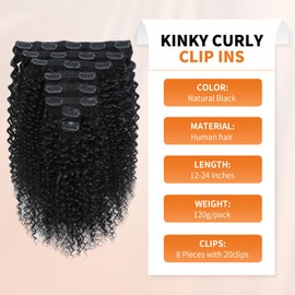 Kinky Curly Clip ins Human Hair 3C 4A Curly Clip in Hair Extensions for Black Women 8Pcs with 20Clips 120g/set 10A Brazilian Human Hair Natural Black 22 Inch