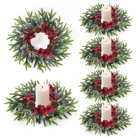 6 Pcs Christmas Candle Rings Wreath Mini Christmas Table Centerpieces Red Berry Pinecones Wreaths for Front Door Kitchen Cabinet Holiday Party Farmhouse Porch Wall Outdoor Indoor Home Decoration