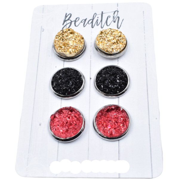 Red Gold and Black Druzy Stud Earring Set - Holiday