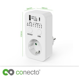 conecto Socket Timer, Switch Socket Countdown, 230 V Switch, USB and USB-C Timer Socket, Programmable Timer Socket, 2300 Watt, White