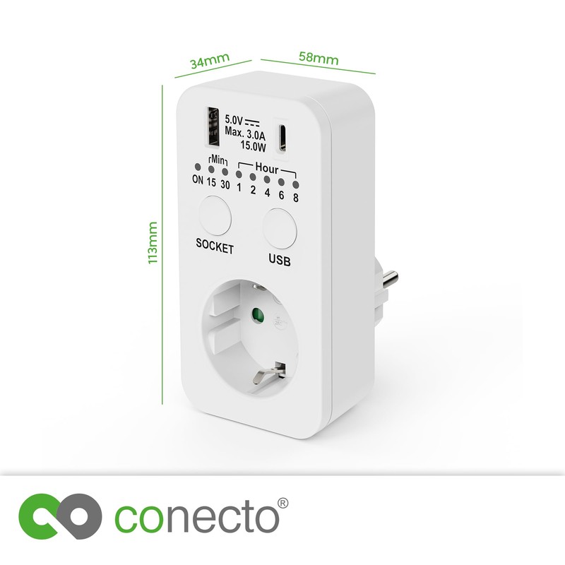 conecto Socket Timer, Switch Socket Countdown, 230 V Switch, USB