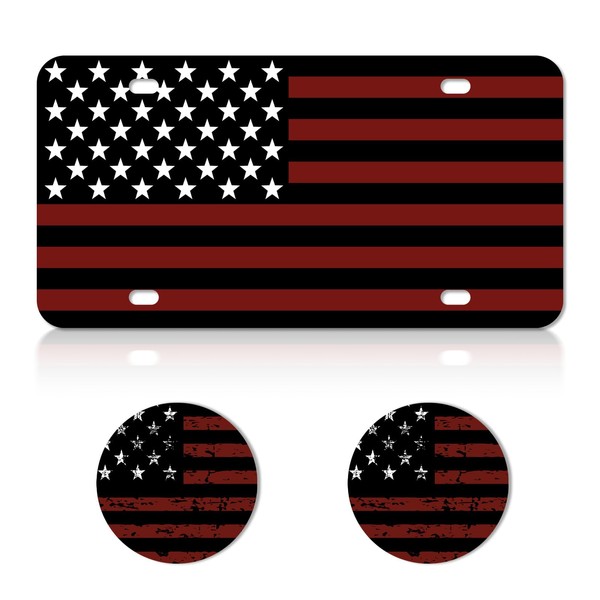Front License Plate Premium Black Red American Flag License Plate