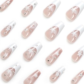 Press On Nails Stick On Nails, Flower Summer Cute Designed Beauty Pattern in Glue on Nails, Fake Nails, Short Square Almond Long Ballet Shape on 24PCS (White French Star)