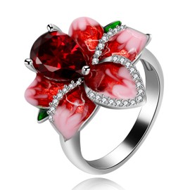 Uloveido Women Silver Color Rose Flower Rings Enamel Crystal Wedding Cocktail Tea Party Wedding Promise Jewelry Valentine'S Day Gifts for Her (Size 8) RA627