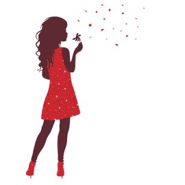 Girly - Vinyl Kids Girls Nursery Bedroom Girl Silhouette Portrait Art Decoration Blowing Flower Petals Design Removable Wall Decal - Home Living Room Floral Dress Wall Décor Sticker 7" x 10"