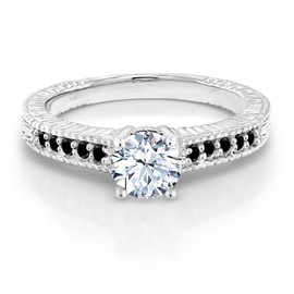 Gem Stone King 925 Sterling Silver White Created Sapphire and Black Diamond Engagement Ring For Women (1.37 Cttw, Available in size 5, 6, 7, 8, 9)