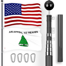 G128 Combo Pack: 20 Ft Telescoping Aluminum Flagpole (Black) & American and An Appeal To Heaven Flags 3x5 Ft, Both ToughWeave Series Embroidered Polyester | Pole with Flags Included