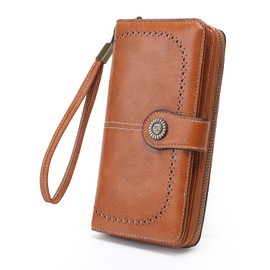 Cartera para Mujer de Piel, con Bloqueo RFID, Billetera Grande con Cremallera, Monedero para Móvil de Dama Minimalista, Tarjetero Moda de Gran Capacidad, Regalos para Chicas y Mujeres (Marrón)