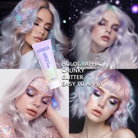 DAGEDA White Holographic Body Glitter Festival Makeup,Face Glitter para Rave Accesorios,Sombra de ojos Shimmer,Cosméticos brillantes cuerpo Shimmer pelo Glitter Gel