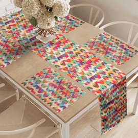 ABAKUHAUS Indie Table Runner & 4 Piece Placemats, Repeating Polygonal Colourful Triangles Geometric Design, Table Decoration Set, 180 x 40 cm, Orange Red