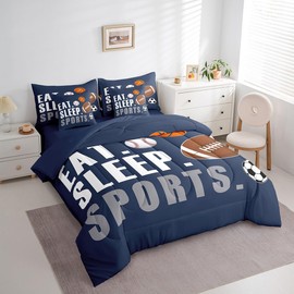 Feelyou Football Comforter Set 7 Pieces Twin Size Boys Girls Basketball Baseball Soccer Bedding Set Kids Sports Game Bed in A Bag Navy Blue Bed Set with Comforter, Sheets, Pillow Covers, Pillowcases