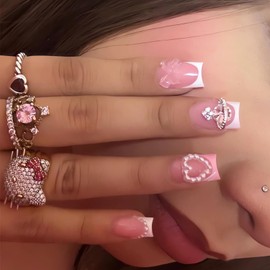 3D Press on Nails Valentine's Day Short Square Pink Fake Nails with Heart Design White French Tip False Nails 3D Bow Heart Valentines Nails Short Acrylic Glue on Nails Spring Stick on Nails for Women