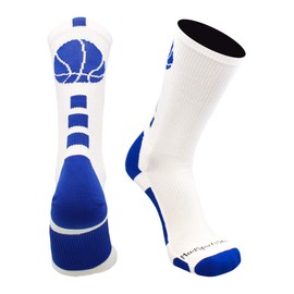 MadSportsStuff Basketball Socks with Basketball Logo Crew Socks (White/Royal, Small)