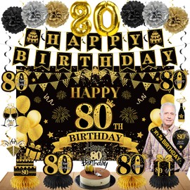 Eucutur 42 Pcs 80th Birthday Decoration Kit for Women Men, Black Gold Happy 80th Bday Banner Honeycomb Balloons Centerpiece Paper Pom Poms Supplies