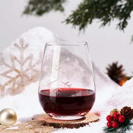 Hand-Blown Stemless Crystal Wine Glasses - Lead-Free Snowflake Red Wine Glasses 16 Oz - Handcrafted Snowflake Christmas Wine Glasses - Perfect Holiday Gifts Set for Wine Lovers, Moms, and Friends