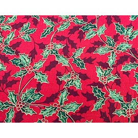 Christmas Fabric - Holly & Berry Metallic Gold Leaf Print on Red - Cotton Craft Fabric Material Metre (349EIC)