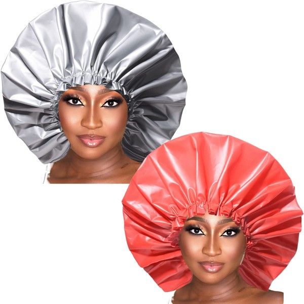 VEABEST jumbo eatra large shower cap for women reusable waterproof, 2 Packs adjustable shower cap bath hair cap for women thick, long hair, locs, braids (Grey and Red)