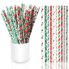 Christmas Straws Biodegradable Drinking Paper Straws,10 Patterns Xmas Party Straws Christmas Disposable Straws for Cocktail Bubble Tea on Christmas Party Tableware Birthday Wedding Decorations