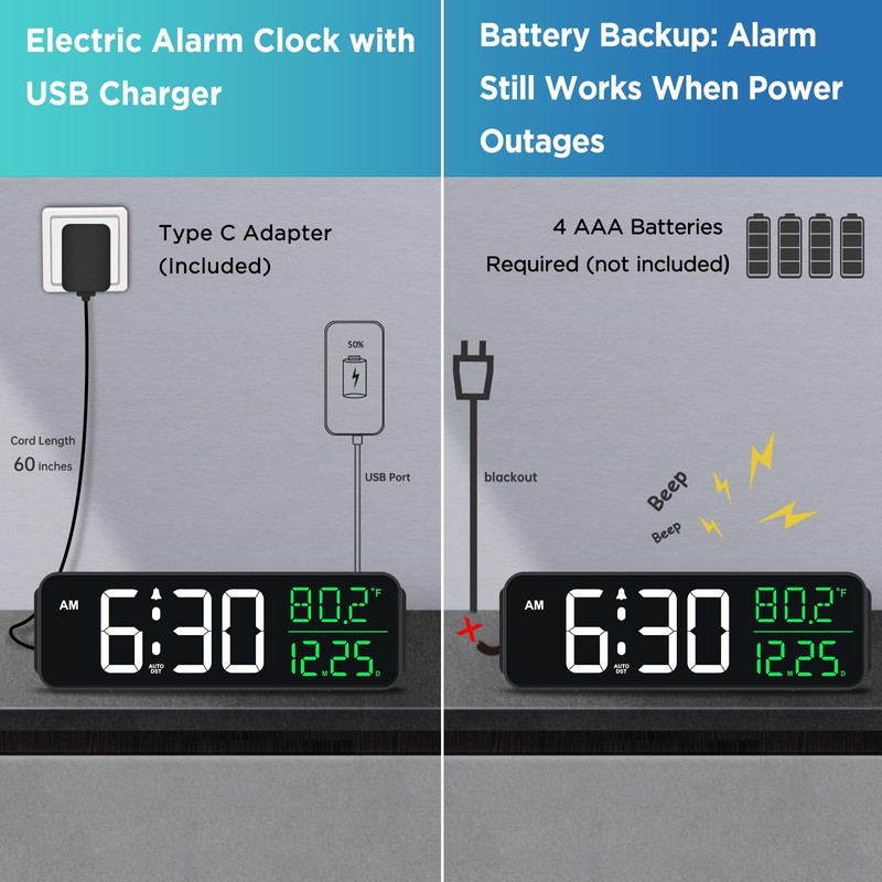 Peakeep 9" Digital Alarm Clock Large Display for Bedroom Living