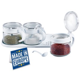 Crystalia Spice Jars Set of 3, Glass Spice Containers with Handles and Plastic Lids, Empty Condiment Storage Containers for Kitchen, Travel, and BBQ (White)