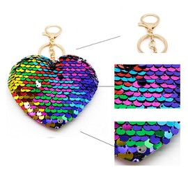 BetterJonny 12 Pcs Colored Heart Pom Pom Keychain, 3.15 inch Multicolor Sparkly Sequins Heart Shaped Keychains Flip Sequins Key Ring Charm for DIY keychain Women Pendant Accessories