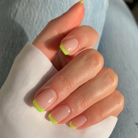 30 Pcs Spring Light Green French Tip Press on Nails Short Square False Nails Press ons, French Tip Fake Nails Short Stick on Nails for Women, Natural French Acrylic Nails 15 Sizes