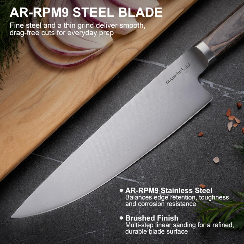 Butterfork 8 Inch Chef Knife, AR-RPM9 Steel, Pakkawood Handle Utility