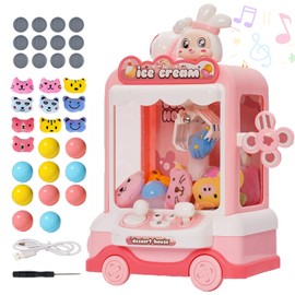 Claw Machine Mini Arcade Machine Toy with 10 Dolls ,10 Twist Claw Machine Toys Mini Doll Grabber with Light and Music Rabbit Decoration Interactive Toy Crane Game for Kids Boys and Girls 3+,Pink