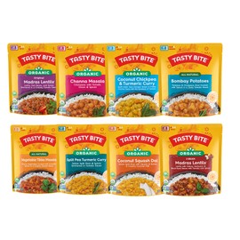 Tasty Bite Variety, Pack of 8, Madras Lentils, Bombay Potatoes, Vegetable Tikka Masala, Channa Masala, 3Bean Madras Lentils, Split Pea & Turmeric Curry, Coconut Squash Dal, Chickpea Coconut and Turmeric Curry