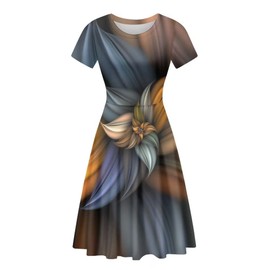 AmzPrint Women's Swing Tunic 3D Digital Flower Abstract Short Sleeve Mini Dress Lotus Print Short Sleeve Floral Dress