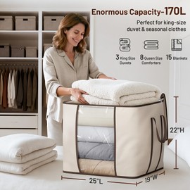 SLEEPING LAMB 170L Huge Blanket Storage Bag, Sturdy Oxford Fabric Comforter Storage Bag with Handles and Window, Foldable Bedding Container Organizer for King-size Duvets, Sheets, Pillows, Clothes