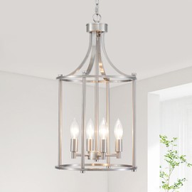 XINGQI Brushed Nickel Chandeliers for Dining Room,4 Light Hanging Lantern Pendant Light Fixture Metal Farmhouse Geometric Chandelier Cage Pendant for Kitchen Island Entryway Living Room