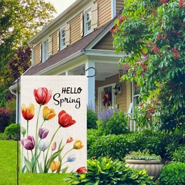 zeevly Hello Spring Floral Garden Flag 12x18 Inch Double Sided Tulips Flowers Small Burlap Yard Flag for Outside