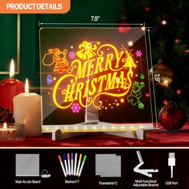 conatu LED Drawing Board for Kids, Acrylic Dry Erase Board with Light with Stand, Markers & Rags,LED Note Board with Colors,Message Board, Perfect for Bedroom, Holidays,Home (7.9" L x 7.9" W-Single)