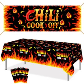 PHOGARY Chili Cook-Off Tablecloth, Plastic Chili Pepper & Flame Party Table Cover, Cinco De Mayo Table Cloths Chili Cook Off Decorations Mexican Fiesta Party Supplies - 51" x 87" (3 Pack+1 Banner)