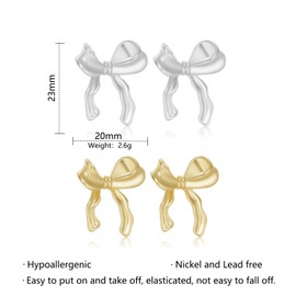 Golden Earrings, Thonoko 2 Pairs 3D Bow Stud Earrings, Cartilage Stud Earrings, Bow Style Cute for Girls and Women, Gold and Silver, Two Colours, Copper