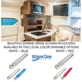Wave One Marine - Luz de barco de cúpula regulable de 12 pulgadas, doble color, 12 V, carcasa de aluminio, interruptor de atenuación táctil IP67, impermeable, interior exterior (blanco | azul)