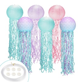 Jellyfish Paper Lanterns 6Pack,8 Inch Mermaid Birthday Decorations Pink Lavender Blue Mermaid Scales with String and Hooks,Hanging Jellyfish Decor for Mermaid,Under The Sea,Ocean Themed Party(8Inch）