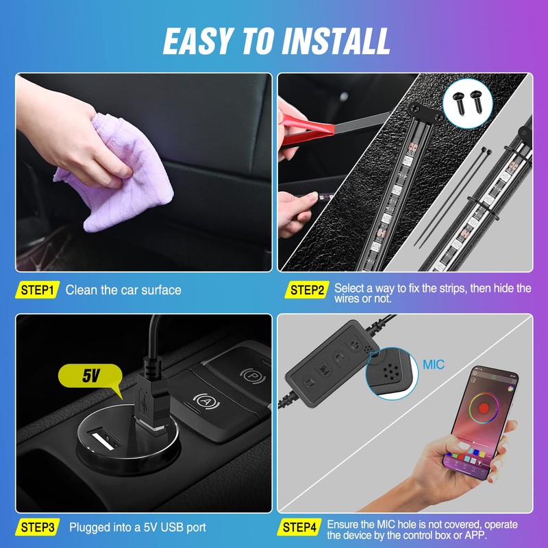 Nilight 72 LED USB Interior Strip Lights Dream Color RGB-IC