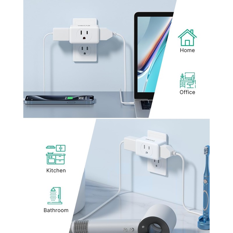 Multi Plug Wall Outlet Extender 2 Pack, VINTAR Electrical Multiple